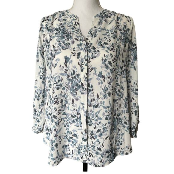 NYDJ‎ Pintuck  Floral Sheer Long Sleeve Blue and WHite Blouse sz XS oversized - Picture 1 of 7